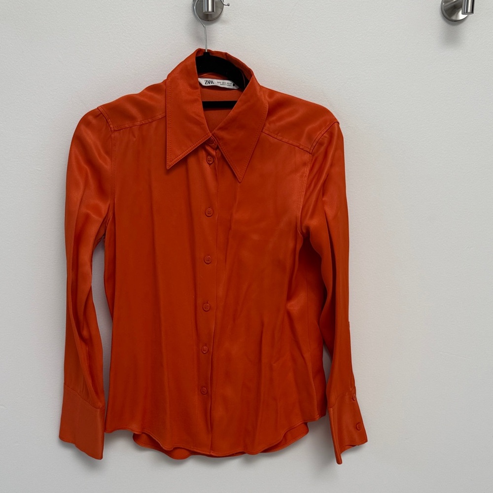 Zara Vibrant Orange Satin Button-Down Shirt